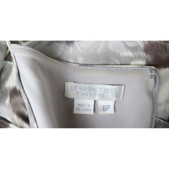 GRAY IVORY BEIGE PRINT SATIN RUFFLE LAYER SHEATH DRESS - LONDON TIMES - SIZE 6P - Picture 6 of 6